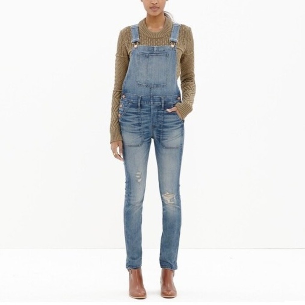 Madewell Blue Adrian Wash Skinny Denim Distressed Overalls‎ Size XS